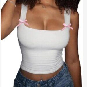 Women's Coquette Bowknot Crop Tops Going Out Ruched Fitted Tank Top